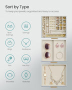 SONGMICS Jewelry Box with Glass Lid, 3-Layer, 2 Drawers