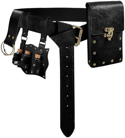 Alchemist Belt Pouch Potion Bottle Waist Bag Steampunk Phone Holder Medieval Leather Belt for Renaissance Cosplay Costume Accessories Christmas Gifts (3Bottles-Black)