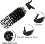 Insulated Halloween Water Bottle 32 oz, Bat Water Bottle with Straw, Reusable Leakproof Water Bottle Stainless Steel, Halloween Gifts for Women
