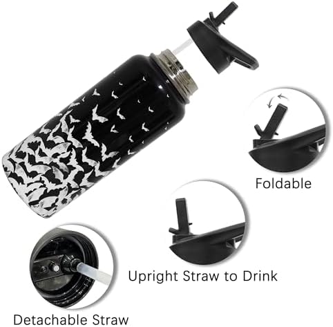 Insulated Halloween Water Bottle 32 oz, Bat Water Bottle with Straw, Reusable Leakproof Water Bottle Stainless Steel, Halloween Gifts for Women