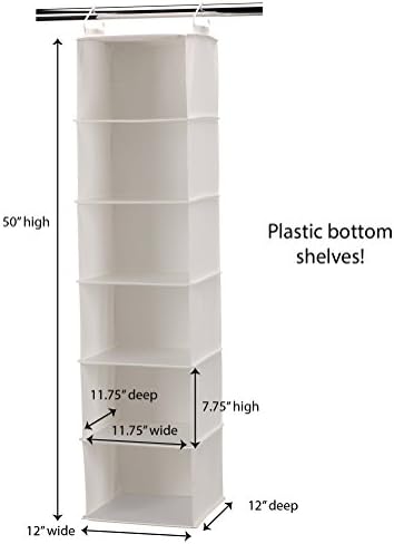 Household Essentials 6‑Shelf Hanging Closet Organizer in Soft Blended Canvas with Durable Plastic Shelving and Dual Wire Hooks, Cream