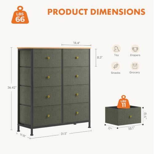 Sweetcrispy 8 Drawer Fabric Dresser, Tall Storage Tower for Bedroom