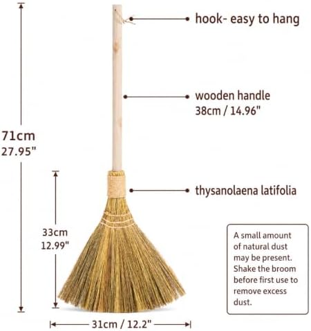 Natural Whisk Sweeping Hand Handle Broom - Brooms for Wedding Jumping Ceremony Halloween DIY Decoration - Vietnamese Straw Soft Broom - 12.2" Width, 27.95" Length
