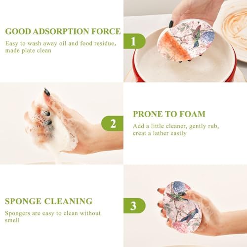 Dish Sponge 3Pcs Kitchen Sponges Non-Scratch Soft Expandable Washing Dishes Stain Odor Resistant Cellulose Sponges Packs for Dish Bathroom Household Watercolor Hummingbirds Hydrangeas - Image 4