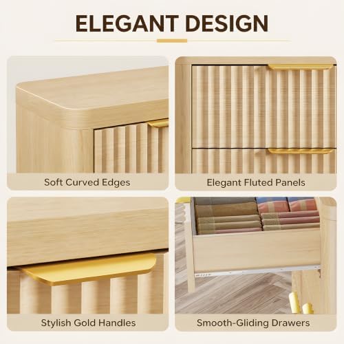 Fluted 47" Tall Dresser for Bedroom with 5 Drawers, Modern Chest of Drawers with Metal Handle & Deep Storage, Wood Closet Clothes Storage Organizer for Living Room & Hallway, Natural Oak Dresser