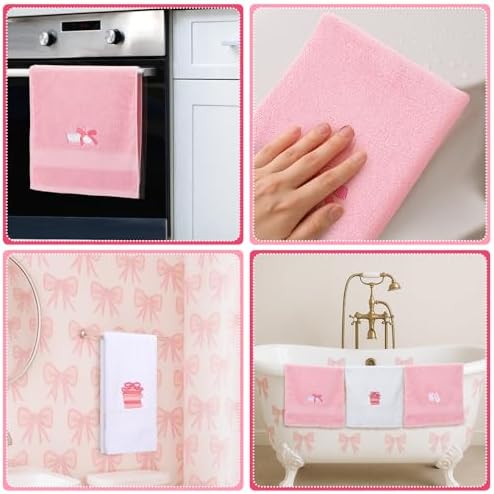 Breling 3 Pcs Bow Towels for Bathroom,Pink Bowknot Kitchen Hand Towels