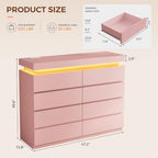 8 Drawer Dresser with LED Lights and Charging Station, Modern Pink Dresser
