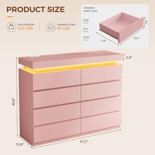 8 Drawer Dresser with LED Lights and Charging Station, Modern Pink Dresser