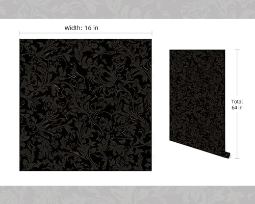 FLFK Peel and Stick Gothic Black Wallpaper 16in x 64in Vintage Floral Wall Paper for Bedroom Shelf Cabinet Countertops