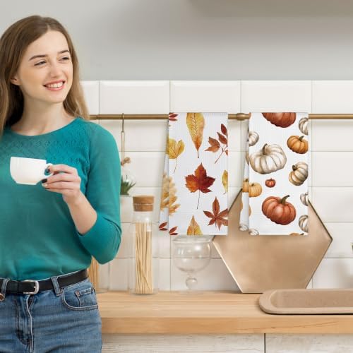Fall Leaves Pumpkin Kitchen Towels Decorative 16x24 Set of 2 - Image 3