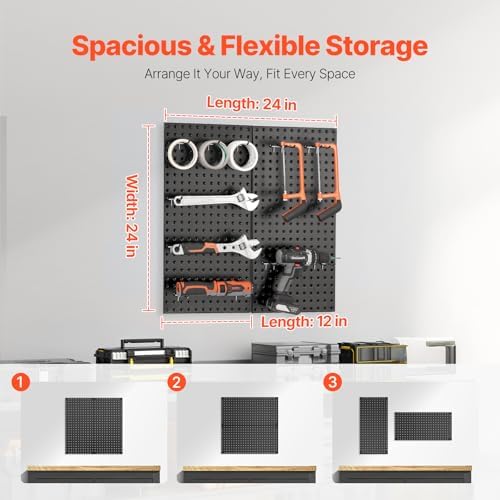 VEVOR Metal Pegboard Panels, 24" x 12" Pegboard, 2 Panels, Heavy Duty Peg Board Wall Organizer with Accessories, for Living Room Garage Tool Storage Office Organization Craft Room Kitchen Home, Black