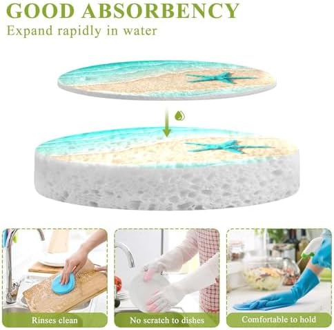 Starfish Waves Summer Dish Scrub Sponges Kitchen Beach Scene Non Scratch Reusable Compressed Cellulose Sponge Hanging for Household Cleaning Washing Dishes Pots and Pans 3 Pack - Image 3