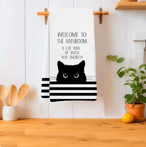 Black Cat Decor Cat Bathroom Washroom Hand Towels, Funny Sign for Bathrooms,Cats Gifts for Women, Cute White Dish Towels,Welcome to the Bathroom a Cat Will Be with You Shortly 16x24 - Image 2