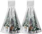 Winter Deer Hand Towels with Hanging Loop Pine Tree Snowflake Tie Towel 2Pcs Snow Hanging Kitchen Towels Decorative Tea Towel Soft Absorbent Washcloth for Home Bathroom Decor