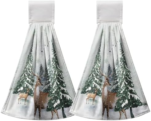 Winter Deer Hand Towels with Hanging Loop Pine Tree Snowflake Tie Towel 2Pcs Snow Hanging Kitchen Towels Decorative Tea Towel Soft Absorbent Washcloth for Home Bathroom Decor