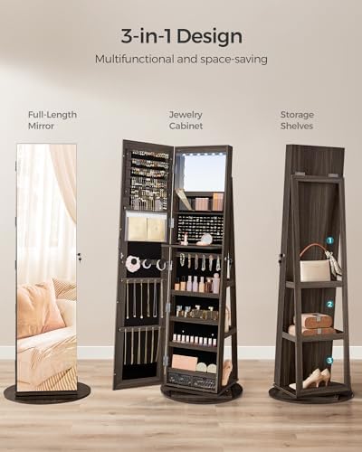 SONGMICS 6 LEDs Mirror Jewelry Cabinet Organizer, 360° Swivel, Lockable