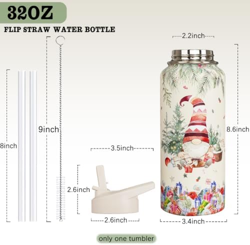 Insulated Christmas Water Bottle 32 oz, Gnome Water Bottle with Straw, Christmas Themed Gifts