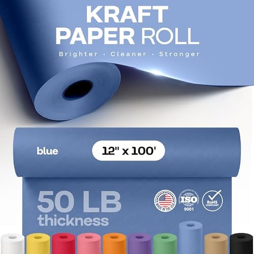 12" x 1200" (100 feet) Blue Kraft Paper Roll - USA-Made Quality Craft Paper for Gift Wrapping, Kids' Arts & Crafts, School Projects - 100% Recycled Natural Material 50lb Thickness by IDL Packaging