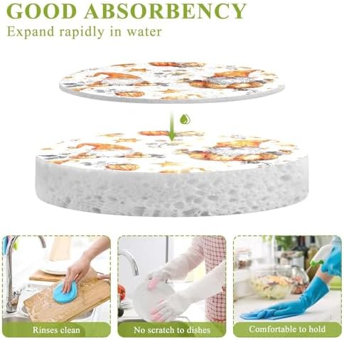 YETTASBIN Thanksgiving Pumpkin Gnome 3PCS Wood Pulp Scrub Sponges, Reusable Absorbent Household Cleaning Sponge Non-Scratch Kitchen Dish Sponges, Multi-Surface Safe Scrubber for Nonstick Pans, Pots - Image 3