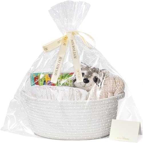 CHICVITA Woven Basket for Gifts with Bags & Ribbon, Dog Toy Basket, White