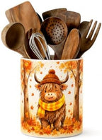 Fall Utensil Holder, Highland Cow Ceramic Kitchen Utensil Holder, Utensil Crock for Home Kitchen Countertop Storage Organizer Container, Large Holder for Spatulas, Spoons, Kitchen Counter Decor, 6"