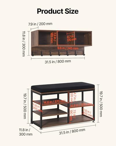 VEVOR Coat Rack with Shoe Bench, 3-in-1 Shoe Coat Rack Combo Set with Hooks and Bookshelf, Steel Frame Hall Tree Entrance Storage Organizer Holder for Entry, Bedroom, Closet, Office, Rustic Brown