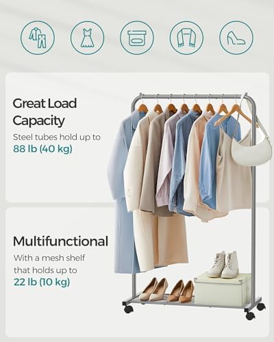 SONGMICS Clothes Rack with Wheels, Single Rod, Steel, 110 lb Load Capacity
