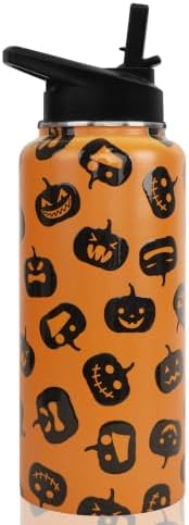 Insulated Halloween Water Bottle 32 oz, Pumpkin Water Bottle with Straw, Reusable Leakproof Stainless Steel Tumbler, Halloween Gifts for Women