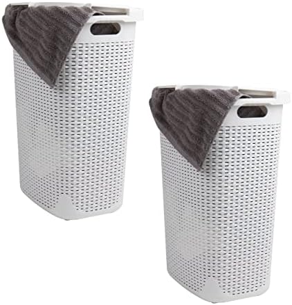Mind Reader Slim Laundry Hamper with Lid, 60L Tall Clothes Basket, Narrow Tapered Design for Bathrooms, Closets and Laundry Rooms, Plastic, 2 Pack, White