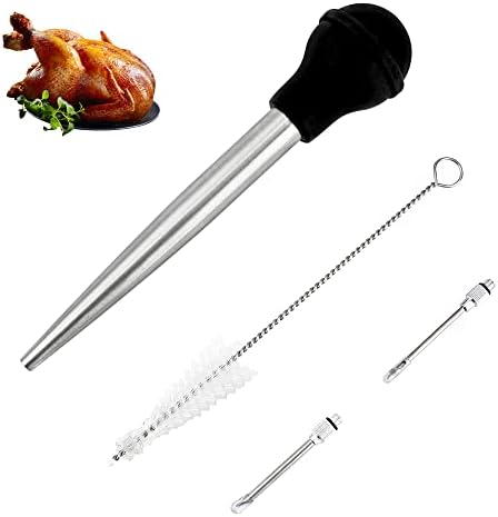 Turkey Baster Syringe for Cooking, Large Stainless Steel Meat Injector, with Cleaning Brush and 2 Marinade Needles, Black by Omoojee