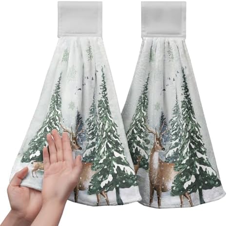 Winter Deer Hand Towels with Hanging Loop Pine Tree Snowflake Tie Towel 2Pcs Snow Hanging Kitchen Towels Decorative Tea Towel Soft Absorbent Washcloth for Home Bathroom Decor