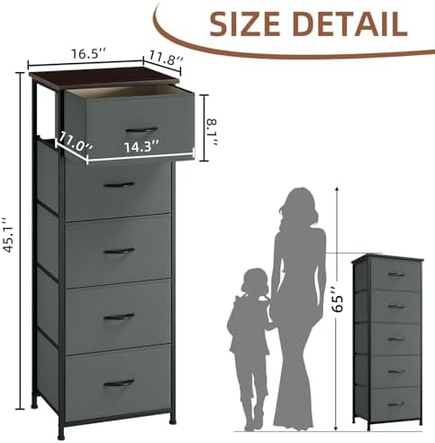 Somdot Tall Dresser for Bedroom, 5 Drawer Storage Cabinet, Charcoal Grey