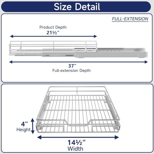 Pull Out Cabinet Organizer, 14.5" W x 21.5" D, Heavy Duty Chrome Slide Out Shelf for Base Cabinets, Sliding Wire Basket Drawer for Pantry Items, Bowls, Containers & Cleaning Supplies