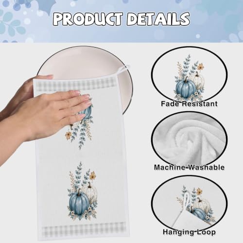 Fall Blue Pumpkin Kitchen Towels 4 PCS, Autumn Hand Towel, 16x24in - Image 4