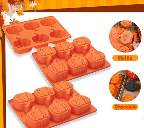 Pumpkin Muffin Mold 3 Pack Pumpkin Cake Pan Silicone Molds, Mini Cake Trays Thanksgiving Halloween Baking Molds Cupcake Pan Hot Chocolate Bomb Mold for Thanksgiving Fall Baking - Image 4