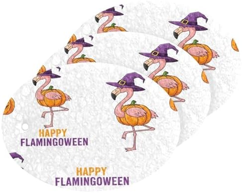 Happy Flamingo Halloween Dish Scrub Sponges Kitchen Non Scratch Reusable Compressed Cellulose Sponge Hanging for Household Cleaning Washing Dishes Pots and Pans 3 Pack by KOCOART