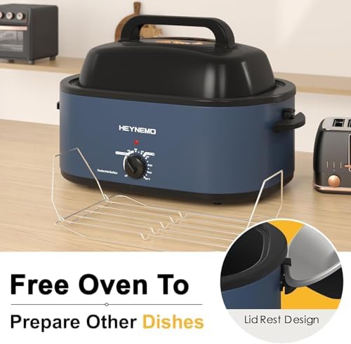 Roaster Oven 28 Quart, Electric Roaster Pan with Visible & Self-Basting Lid, Large Stainless Steel Electric Turkey Roaster Oven Defrost Warm Function, Removable Pan Rack, Fits Turkeys Up to 30LB, Blue - Image 4