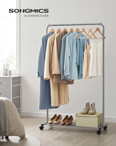 SONGMICS Clothes Rack with Wheels, Single Rod, Steel, 110 lb Load Capacity