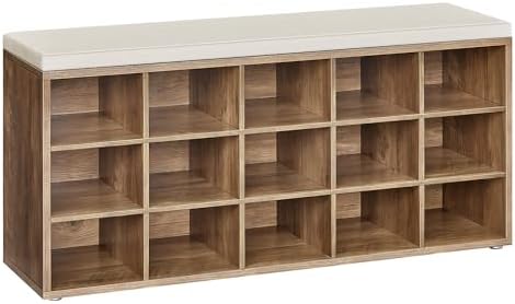 VASAGLE Shoe Bench with Cushion, 15 Compartments, 11.8 x 41.3 x 18.9 Inches