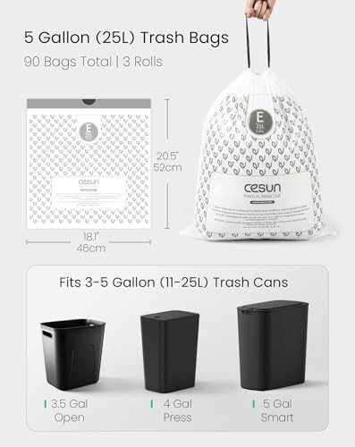 Cesun Code E Drawstring Trash Bags 90 Count, 5 Gallon / 25 Liter