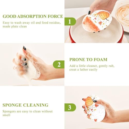 YETTASBIN Thanksgiving Pumpkin 3PCS Wood Pulp Scrub Sponges, Reusable Absorbent Household Cleaning Sponge Non-Scratch Kitchen Dish Sponges, Multi-Surface Safe Scrubber for Nonstick Pans, Pots - Image 4