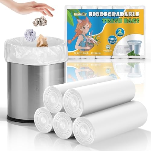 Small Trash Bags Compostable 2 Gallon - Unscented Biodegradable Garbage Bag Recycling Strong Thick Leak-Proof Bulk 5 Rolls 100 Count Mini Wastebasket Liners for Home Office Heihaily
