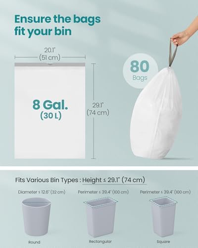 SONGMICS Trash Bags, for 8-Gallon (30 L) Trash Can, 2 Rolls, 80 Count