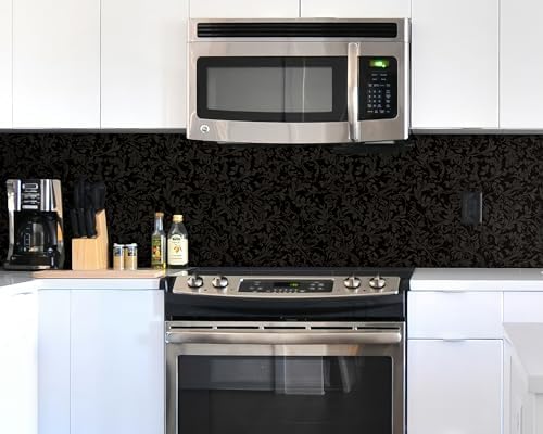 FLFK Peel and Stick Gothic Black Wallpaper 16in x 64in Vintage Floral Wall Paper for Bedroom Shelf Cabinet Countertops
