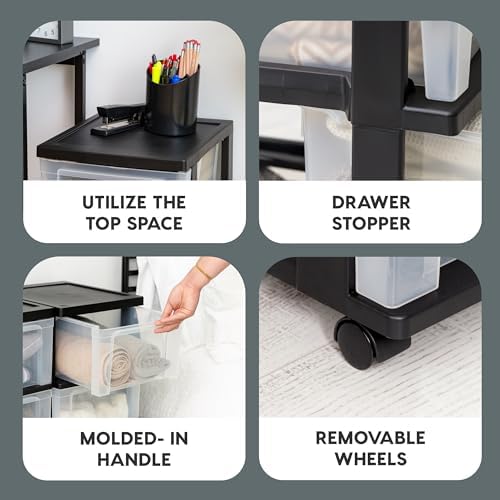 IRIS USA 3-Drawer Slim Narrow Storage Organizer Rolling Cart, Black/Clear