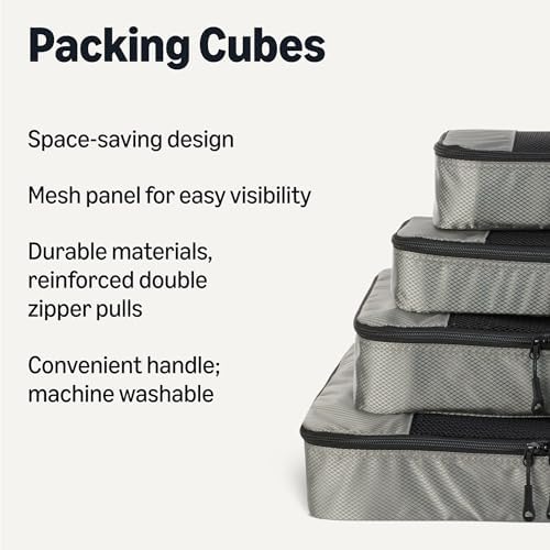 Amazon Essentials 4-Piece Packing Cubes Travel Accessories Set, Space-Saving Luggage Organizer with Double Zipper, Mesh Top Panel, Small/Medium/Large/Slim, Gray (Previously Amazon Basics)