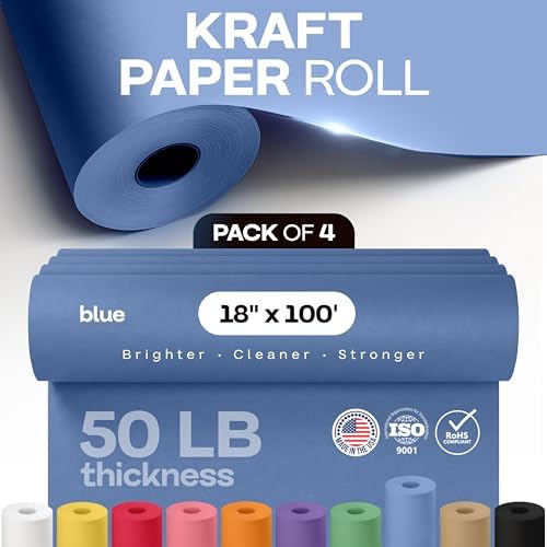 18" x 1200" (100 ft) Blue Kraft Paper Roll, Pack of 4 - USA-Made Quality Craft Paper for Gift Wrapping, Kids' Arts & Crafts, School Projects - 100% Recycled, 50 lb Natural Material by IDL Packaging