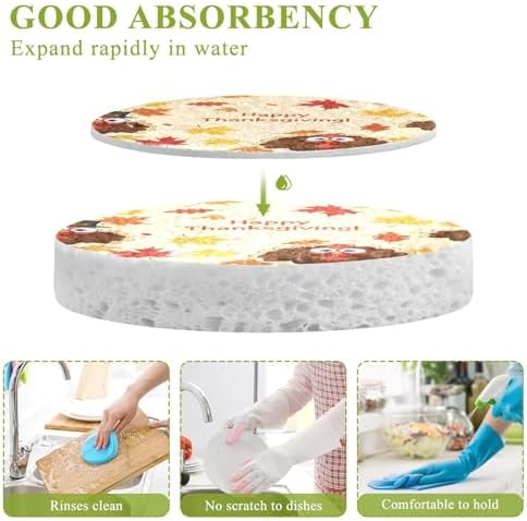 Happy Thanksgiving Turkey Leaves Pattern Dish Scrub Sponges Kitchen Non Scratch Reusable Compressed Cellulose Sponge Hanging for Household Cleaning Washing Dishes Pots and Pans 3 Pack - Image 3