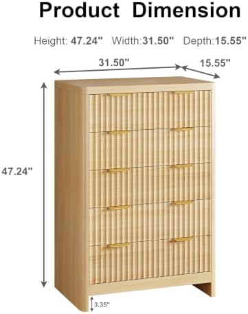 Fluted 47" Tall Dresser for Bedroom with 5 Drawers, Modern Chest of Drawers with Metal Handle & Deep Storage, Wood Closet Clothes Storage Organizer for Living Room & Hallway, Natural Oak Dresser
