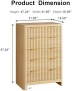 Fluted 47" Tall Dresser for Bedroom with 5 Drawers, Modern Chest of Drawers with Metal Handle & Deep Storage, Wood Closet Clothes Storage Organizer for Living Room & Hallway, Natural Oak Dresser